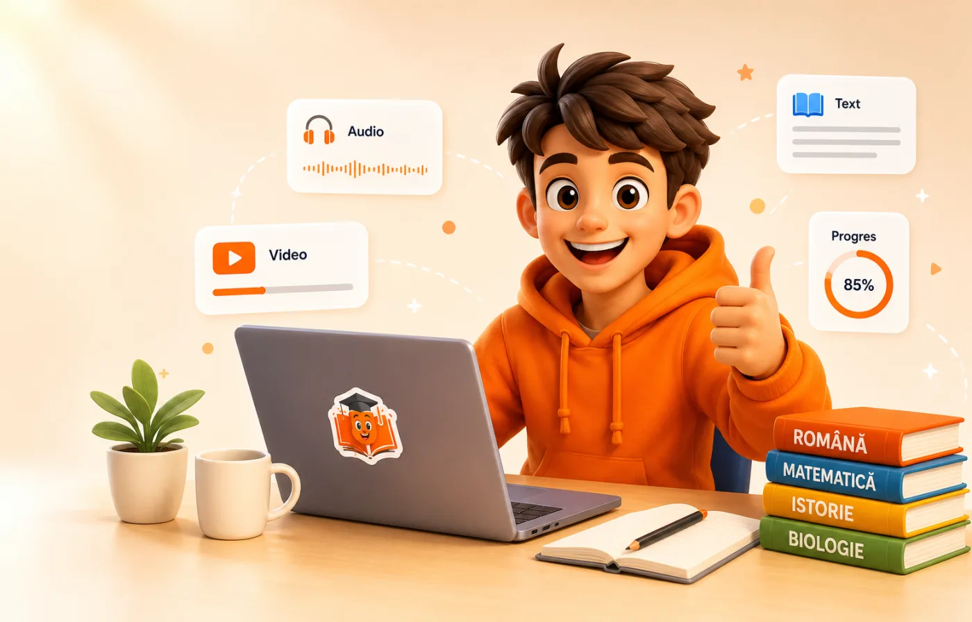 Elev zâmbitor cu hanorac portocaliu la laptop, cărți pentru BAC și carduri Audio, Video, Text și Progres