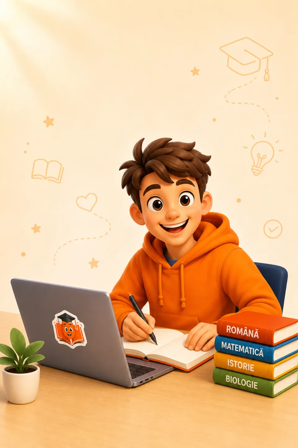 Elev zâmbitor în hanorac portocaliu, scriind la birou lângă laptop și cărți pentru BAC